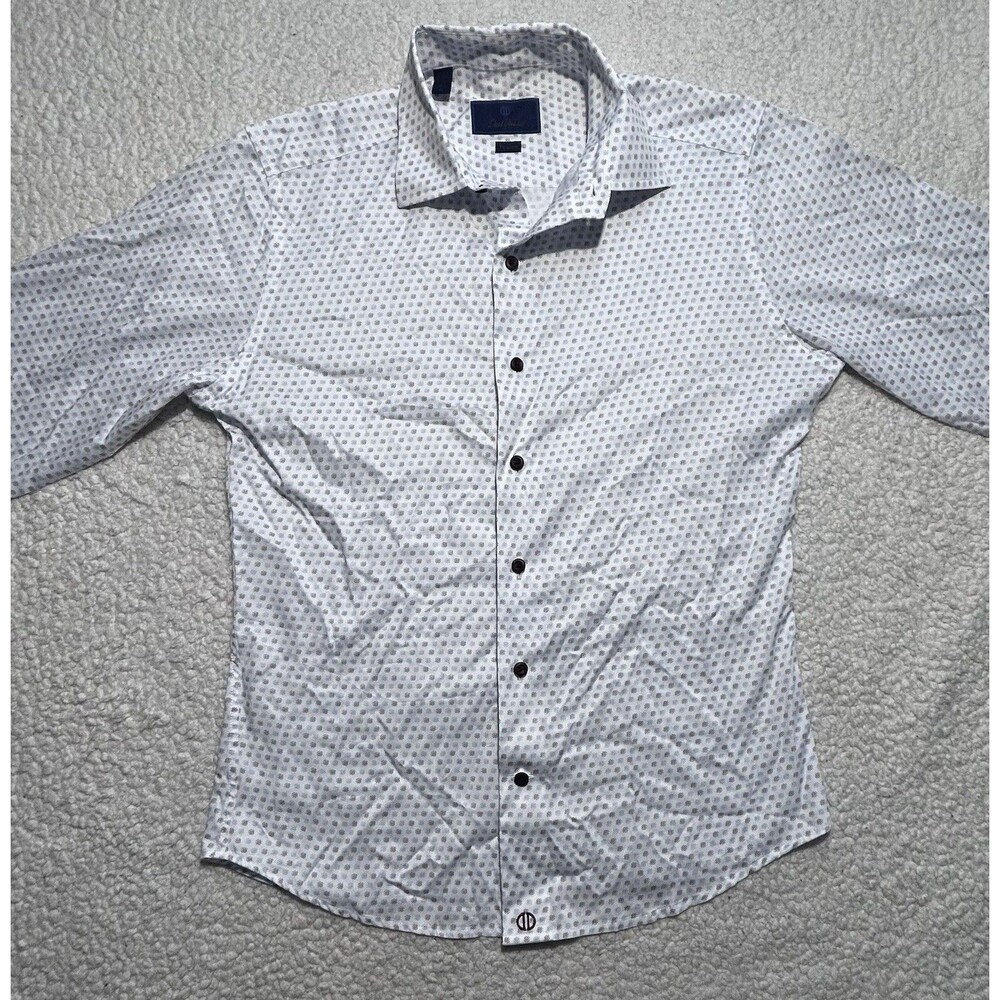 David Donahue Fusion Men Shirt 15.5 M White Blue Dotted Geometric Long Sleeve